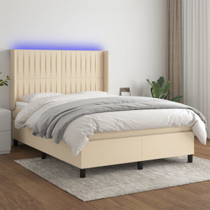 Cama box spring colchón y luces LED tela crema 140x200 cm D