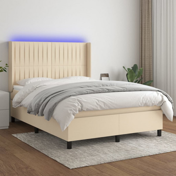 Colchão de cama box spring e luzes LED tecido creme 140x200 cm D