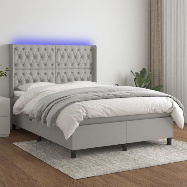 Cama box spring colchão e luzes LED tecido cinza claro 140x200 cm D