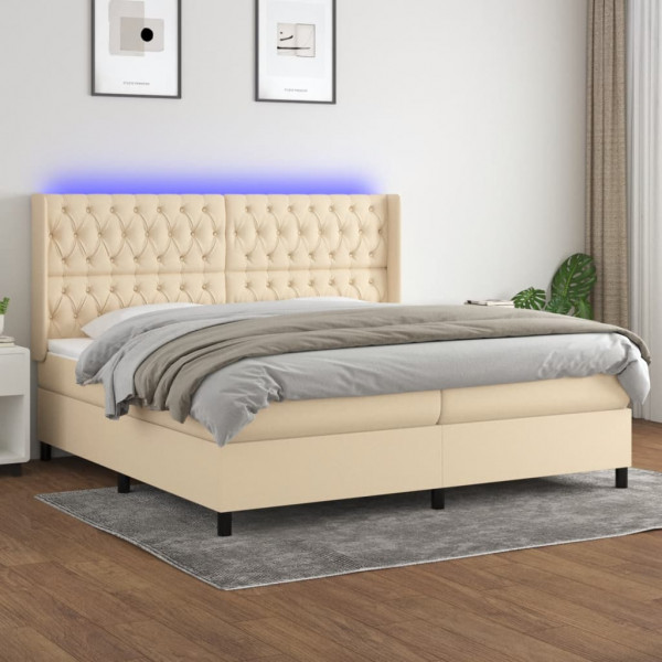 Cama box spring colchón y luces LED tela crema 200x200 cm D