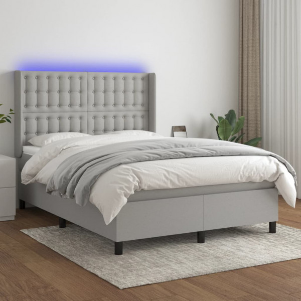 Cama box spring colchón y luces LED tela gris claro 140x200 cm D