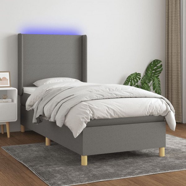 Cama box spring colchão e luzes LED tecido cinza escuro 80x200 cm D