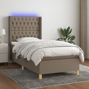 Cama box spring colchón y luces LED tela gris taupe 90x200 cm D