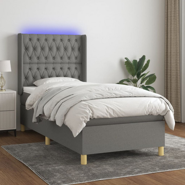 Cama box spring colchão e luzes LED tecido cinza escuro 100x200 cm D