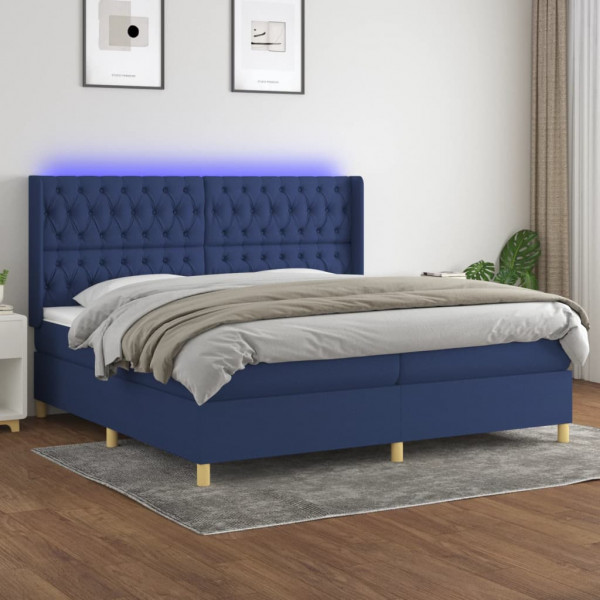 Cama box spring colchón y luces LED tela azul 200x200 cm D