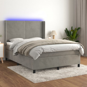 Cama box spring colchón y LED terciopelo gris claro 140x200 cm D