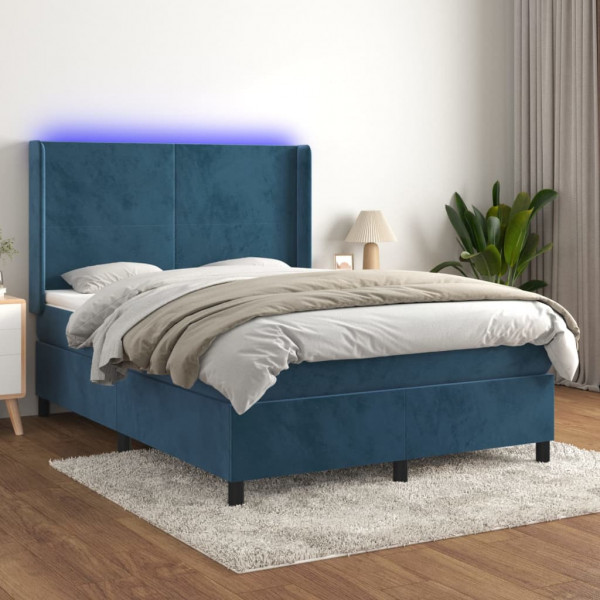 Cama box spring colchón y LED terciopelo azul oscuro 140x200 cm D