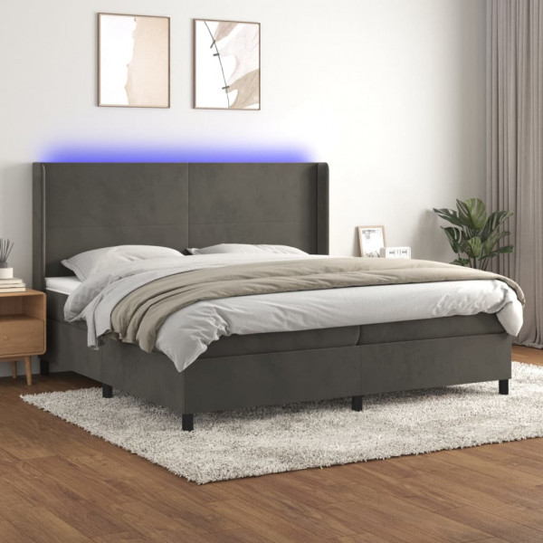 Cama box spring colchão e LED veludo cinza escuro 200x200 cm D