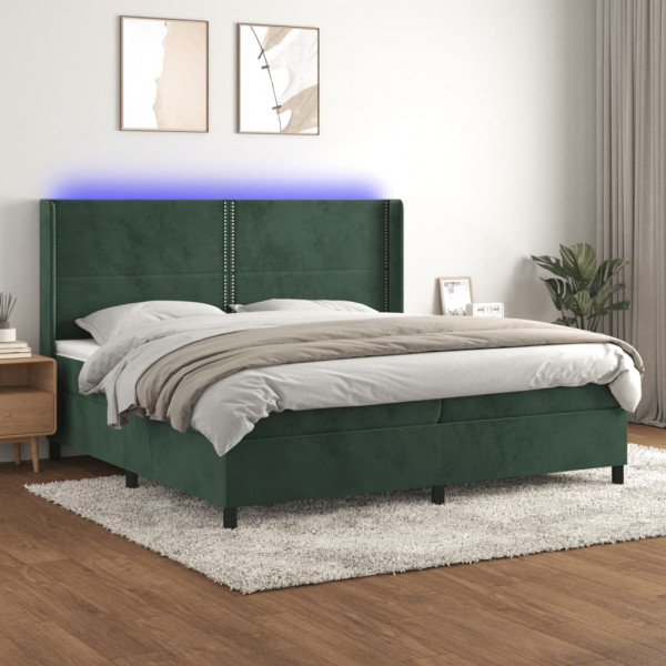 Cama box spring colchón y LED terciopelo verde oscuro 200x200cm D