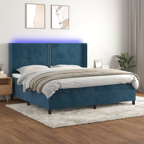 Cama box spring com colchão e veludo LED azul escuro 200x200 cm D