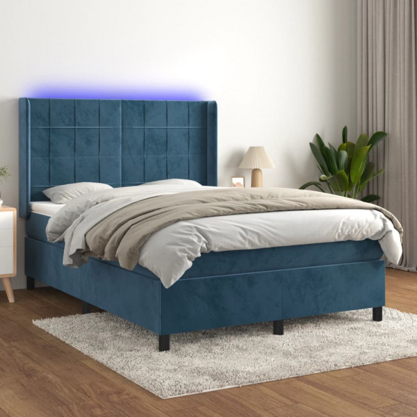 Cama box spring com colchão e veludo LED azul escuro 140x190 cm D