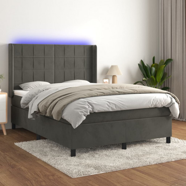 Cama box spring colchón y LED terciopelo gris oscuro 140x200 cm D