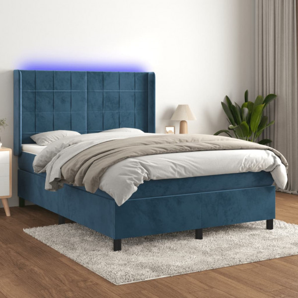 Cama box spring colchón y LED terciopelo azul oscuro 140x200 cm D