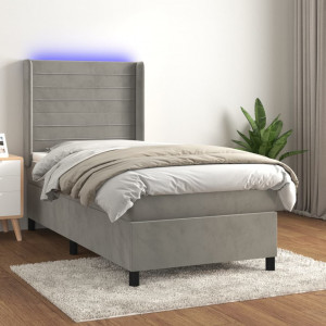 Cama box spring colchón y LED terciopelo gris claro 80x200 cm D