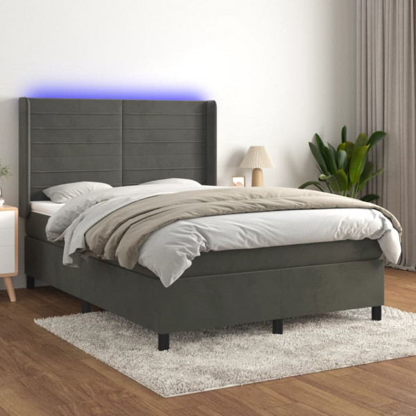 Cama box spring com colchão e veludo LED cinza escuro 140x190 cm D