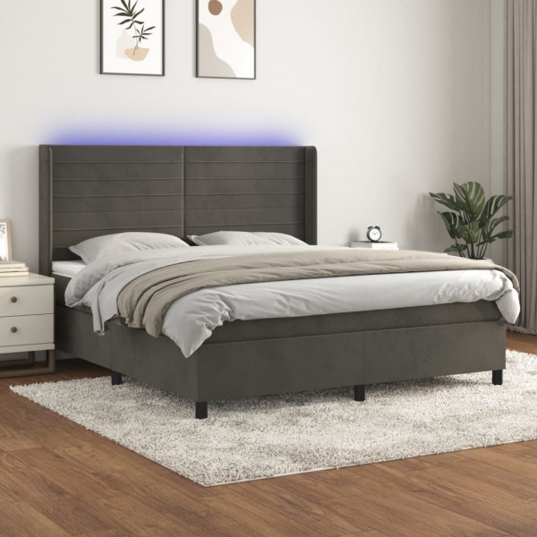 Cama box spring colchão e LED veludo cinza escuro 160x200 cm D