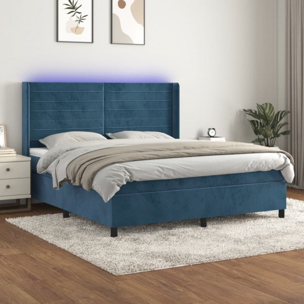 Cama box spring com colchão e veludo LED azul escuro 160x200 cm D