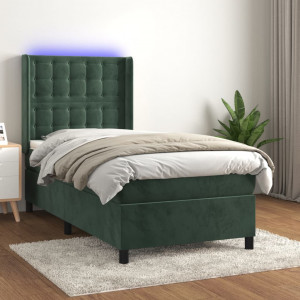 Cama box spring colchón y LED terciopelo verde oscuro 80x200 cm D