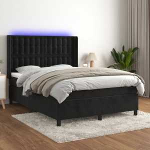 Cama box spring colchón y LED terciopelo negro 140x190 cm D