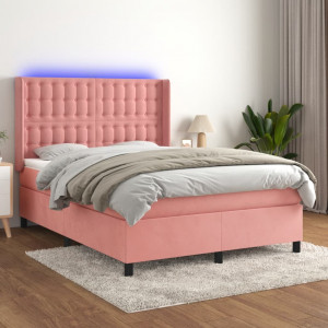 Cama box spring colchón y LED terciopelo rosa 140x190 cm D