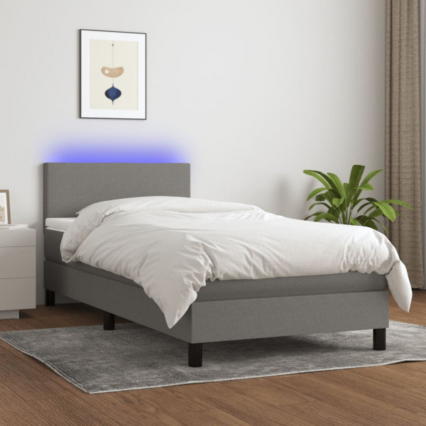 Cama box spring com colchão e LED tecido cinza escuro 100x200 cm D