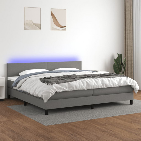 Cama box spring com colchão e tecido LED cinza escuro 200x200 cm D