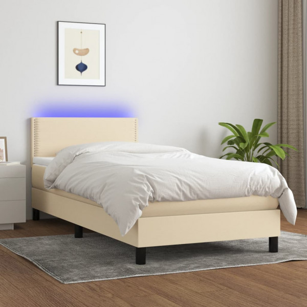 Cama box spring colchão e luzes LED tecido creme 90x200 cm D