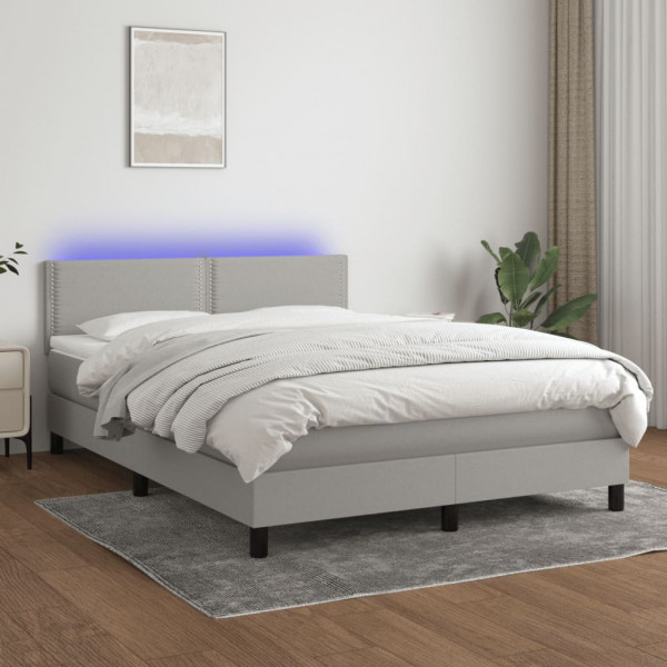 Cama box spring colchão e luzes LED tecido cinza claro 140x200 cm D