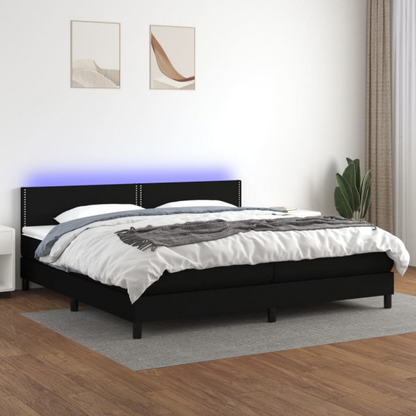 Cama box spring colchão e luzes LED tecido preto 200x200 cm D