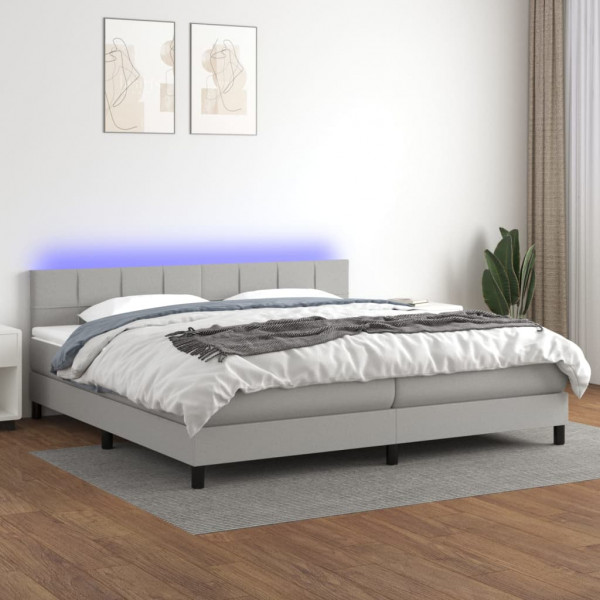 Cama box spring con colchón tela y LED gris claro 200x200 cm D