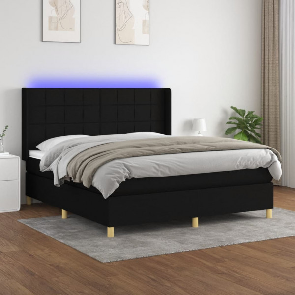 Cama box spring colchón y luces LED tela negro 180x200 cm D