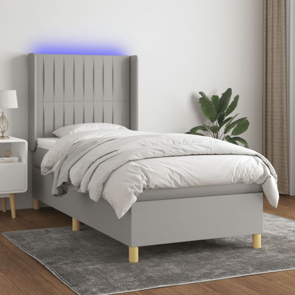Cama box spring colchão e luzes LED tecido cinza claro 90x200 cm D