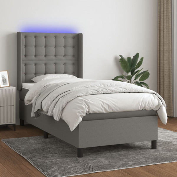 Cama box spring colchón y luces LED tela gris oscuro 90x200 cm D