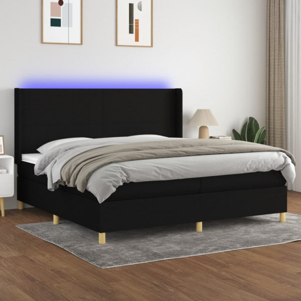 Cama box spring colchón y luces LED tela negro 200x200 cm D
