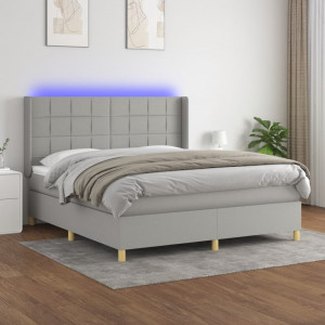 Cama box spring colchón y luces LED tela gris claro 160x200 cm D