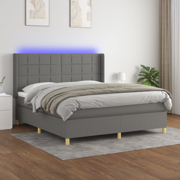 Cama box spring colchón y luces LED tela gris oscuro 180x200 cm D