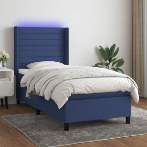 Cama box spring colchón y luces LED tela azul 90x200 cm D
