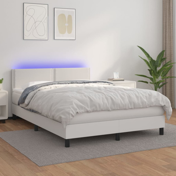 Cama box spring colchão e LED couro sintético branco 140x190 cm D