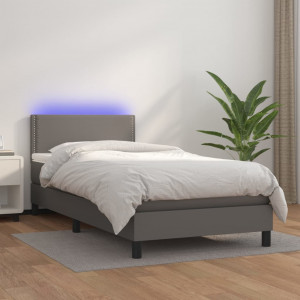 Cama box spring colchón y LED cuero sintético gris 100x200 cm D