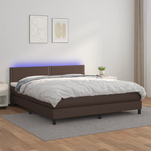 Cama box spring com colchão e couro sintético LED marrom 180x200 cm D