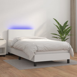 Cama box spring colchón y LED cuero sintético blanco 100x200 cm D