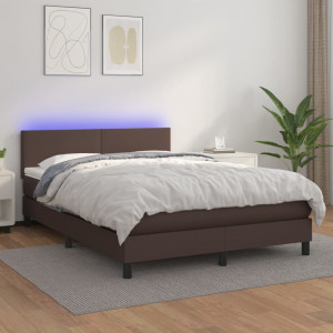 Cama box spring colchón y LED cuero sintético marrón 140x200 cm D