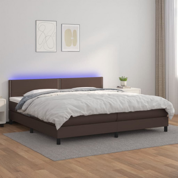 Cama box spring colchón y LED cuero sintético marrón 200x200 cm D