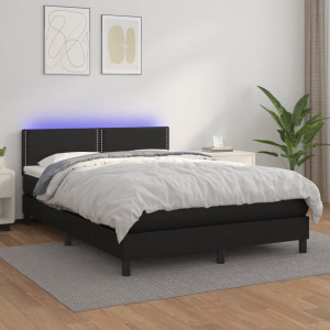 Cama box spring colchón y LED cuero sintético negro 140x200 cm D