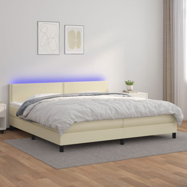 Cama box spring colchón y LED cuero sintético crema 200x200 cm D
