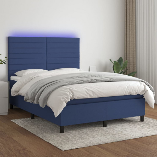 Cama box spring colchón y luces LED tela azul 140x200 cm D