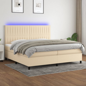 Cama box spring colchón y luces LED tela crema 200x200 cm D