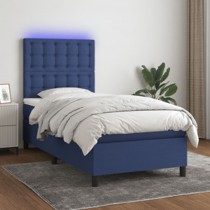 Cama box spring colchón y luces LED tela azul 90x200 cm D