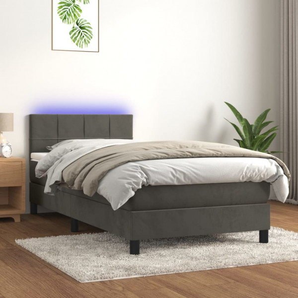 Cama box spring colchão e LED veludo cinza escuro 100x200 cm D