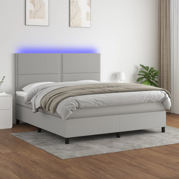 Cama box spring colchón y luces LED tela gris claro 180x200 cm D